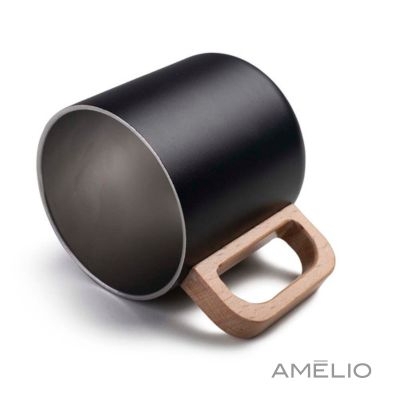 Caneca térmica com alça em madeira